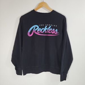 YOUNG & RECKLESS Black Crew Neck Sweatshirt Size M Cropped Graphic Long Sleeve